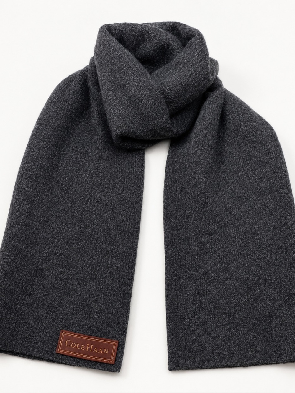 Cole Haan Preppy Unisex Charcoal Knit Scarf with Red Logo Patch